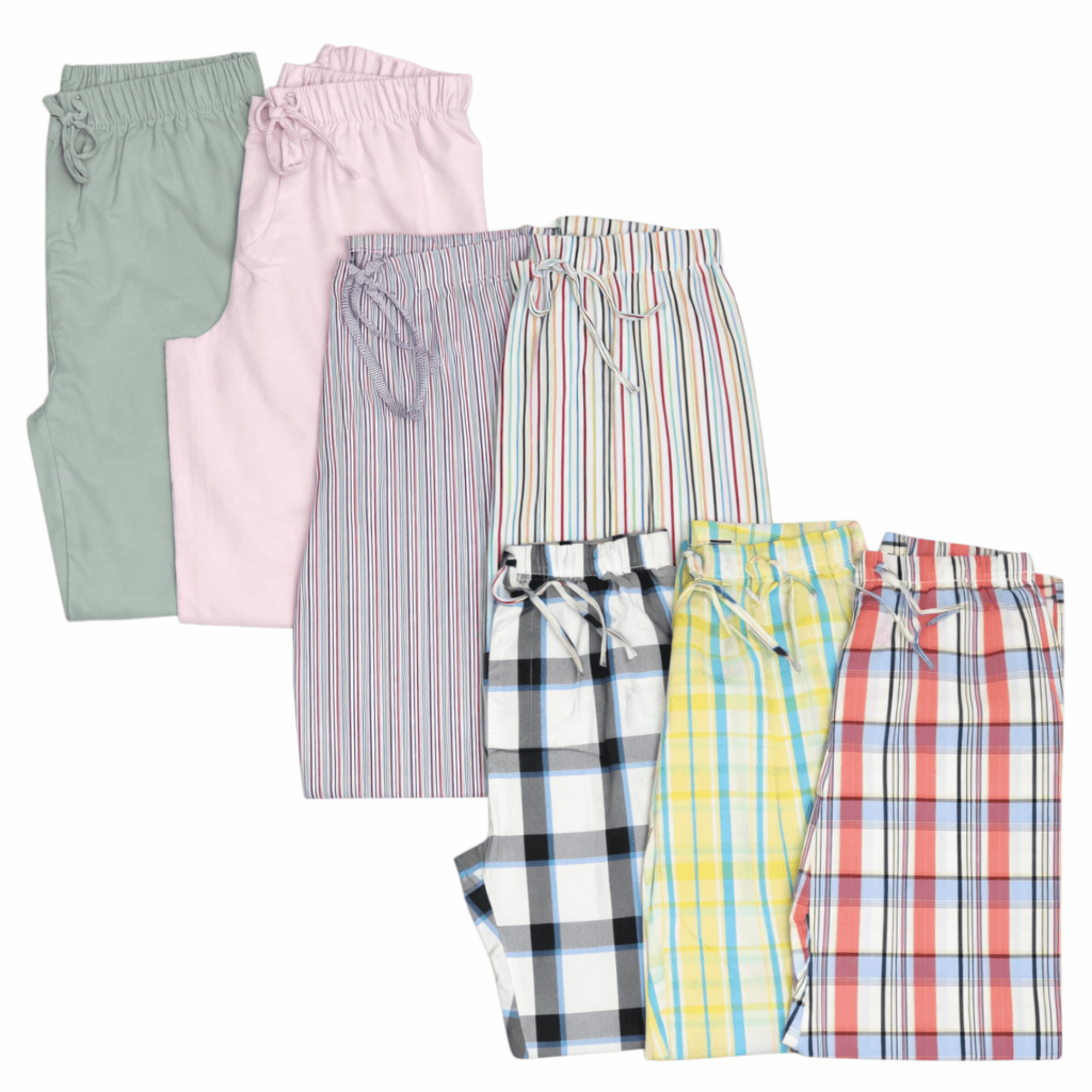 An assortment of unisex pajama pants in various solid colors and patterns.