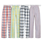 Various patterned unisex pajama pants in striped and plaid prints.
