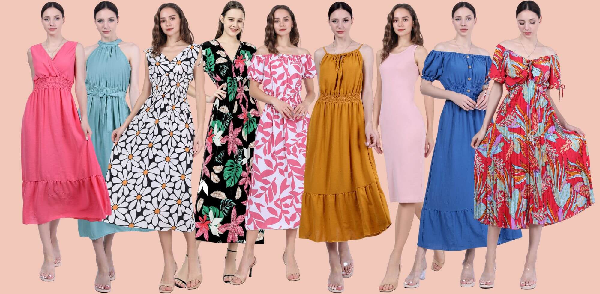 Assorted women’s spring and summer dresses in bulk featuring colorful prints, solids, and seasonal styles.