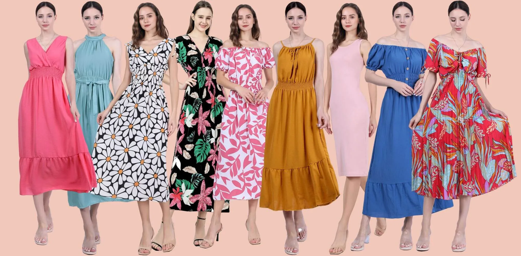 Assorted women’s spring and summer dresses in bulk featuring colorful prints, solids, and seasonal styles.