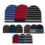 An assortment of men's winter hats with a striped pattern.