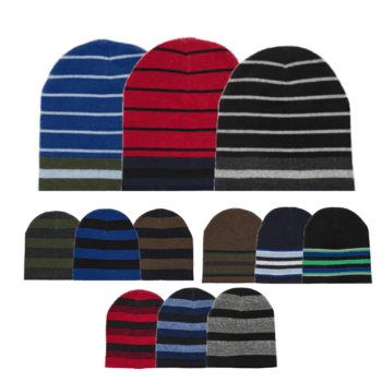 An assortment of men's winter hats with a striped pattern.