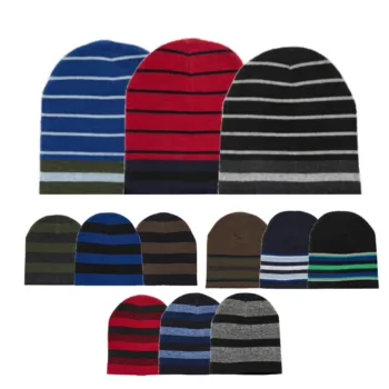 An assortment of men's winter hats with a striped pattern.